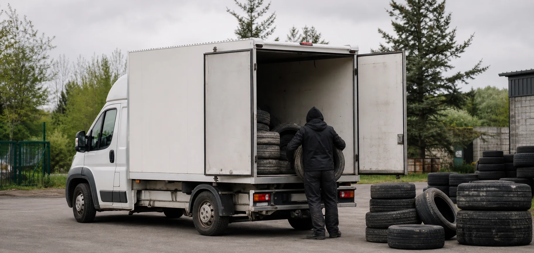 Odbiór zużytych opon samochodem z zabudową kontenerową